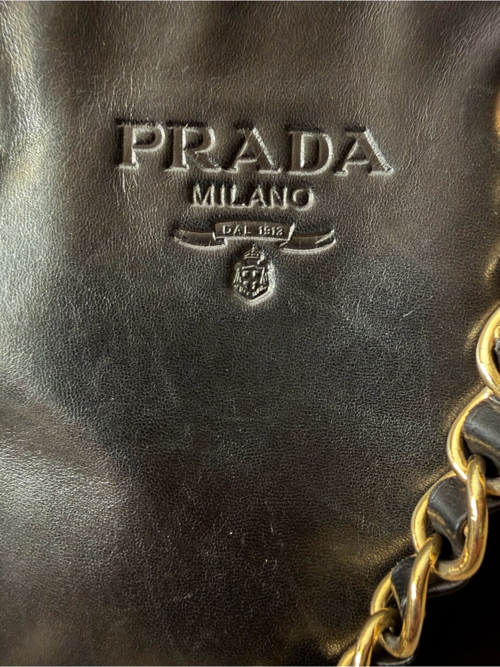 PRADA Black Leather Shoulder Bag w/Leather & Gold Chain Straps & 3 Large Pockets - Picture 3 of 13